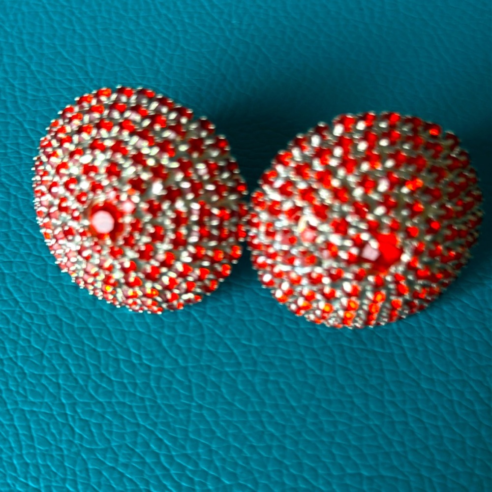 Red Rhinestone Clip On Earrings Signed Bauer Vintage